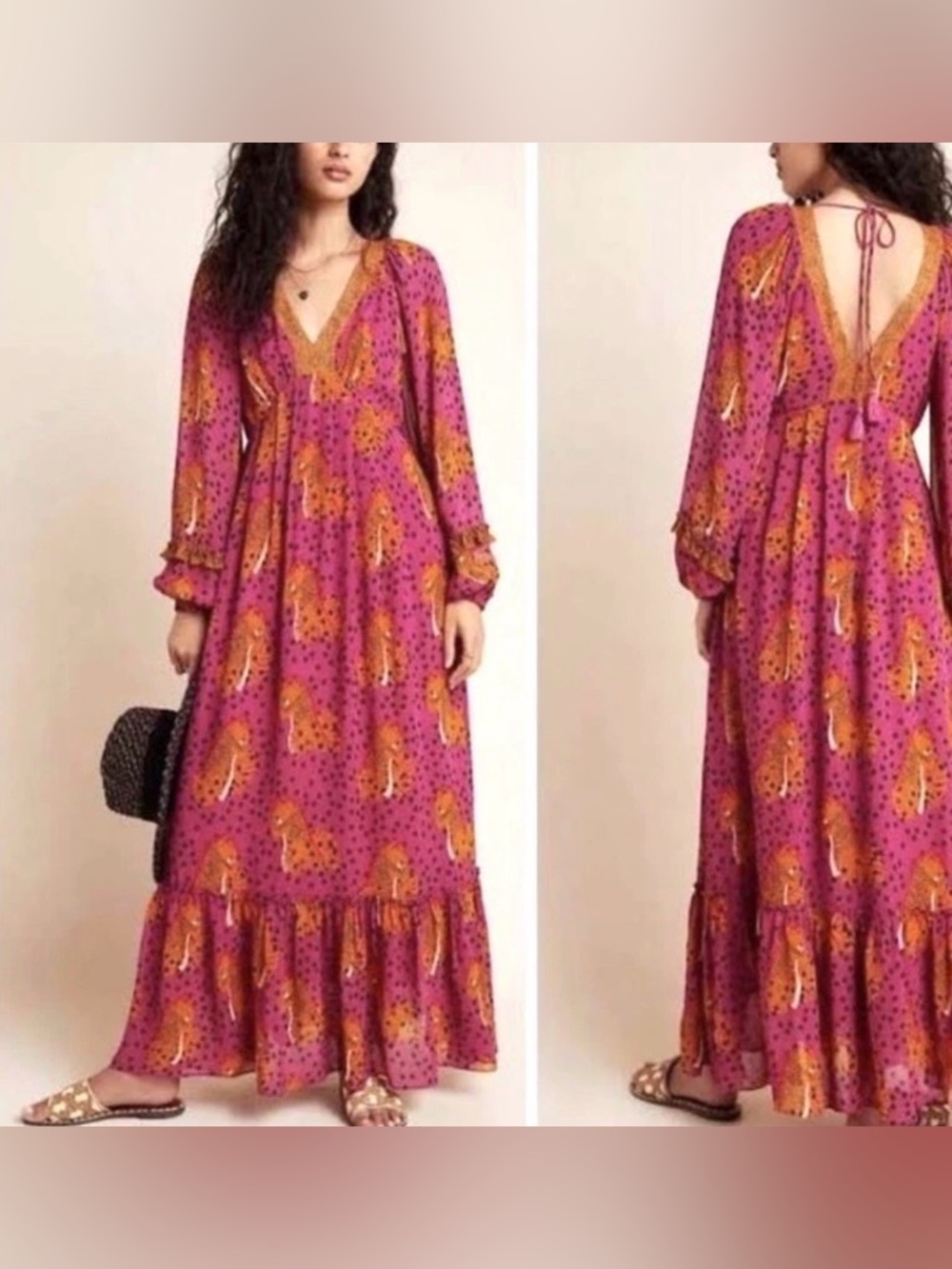 Farm Rio & Antropologie Hot Pink & Orange cheetah Print Maxi long Dress XS